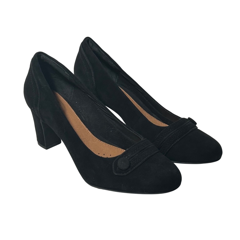 Clarks Artisan Tamryn Cider Black Suede Block Heel Pumps Womens 8.5 M